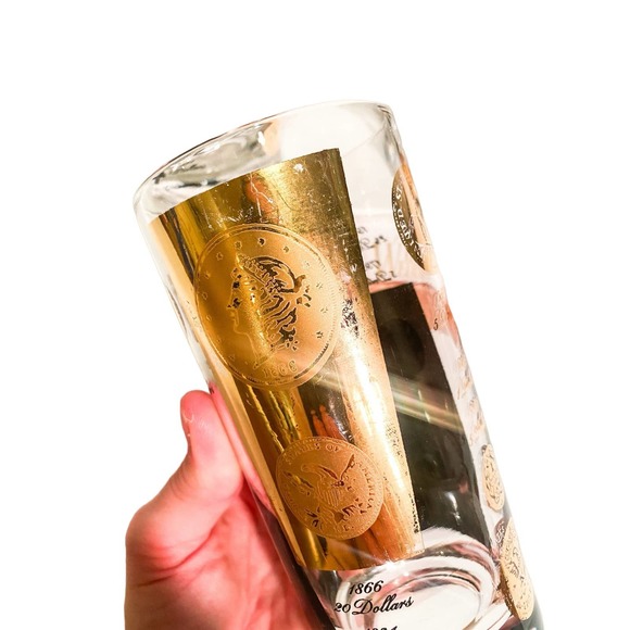 Mid-Century Cera Glass Gold Coin Highball Glasses MCM Barware 1960's - Picture 3 of 4